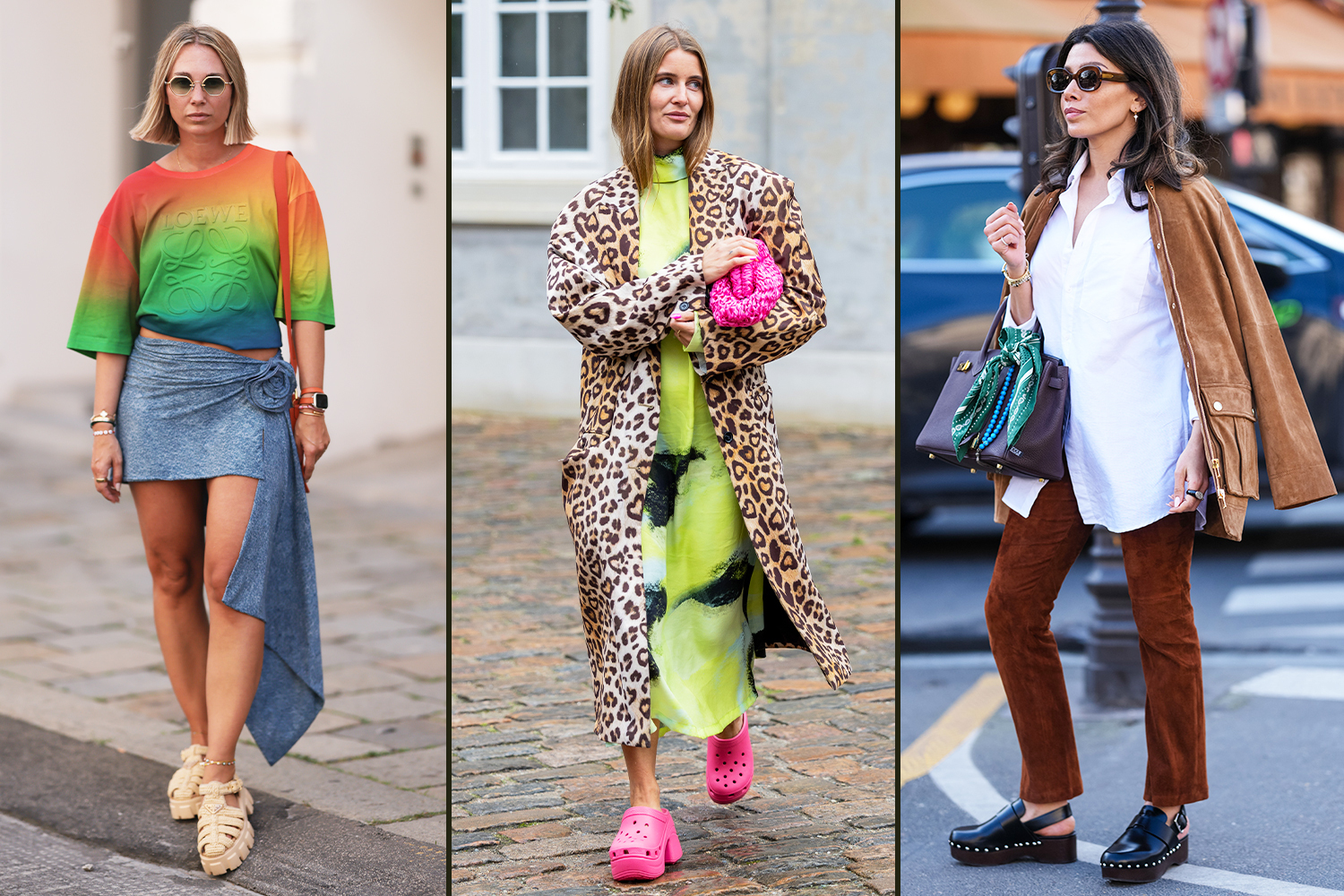 Collage of three women wearing different outfits and platform shoes.